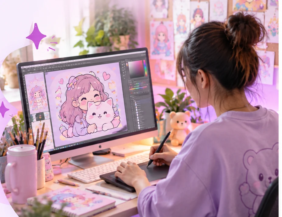 Artist working on a colorful digital illustration at a computer