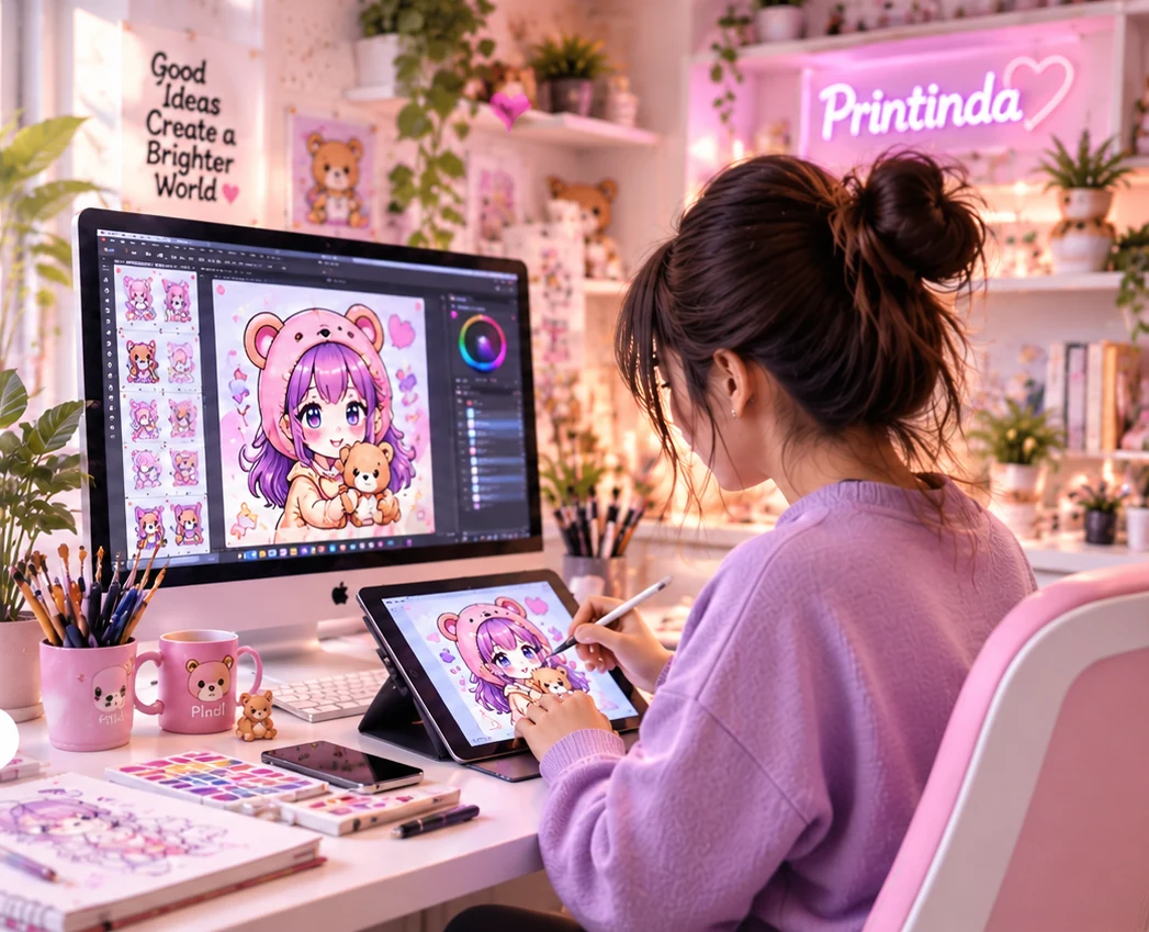 Digital artist creating colorful illustrations on an iPad beside a desktop design workstation